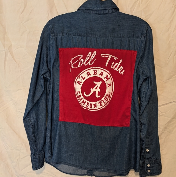 ALABAMA Roll Tide Football Denim Shirt Hand Crafted Upcycled Handmade Design - Picture 7 of 10